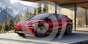 electric car suv parked in front of home modern low energy suburban house 3d illustration