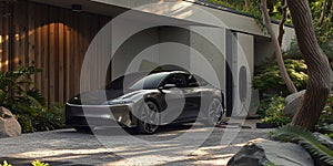 electric car suv parked in front of home modern low energy suburban house 3d illustration