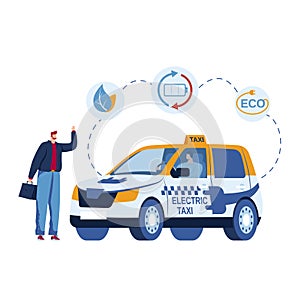 Electric car taxi, city transportation service vector illustration. Man character look for vehicle transport, urban