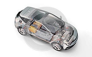 Electric car technical cutaway 3d rendering