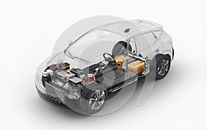 Electric car technical cutaway 3d rendering