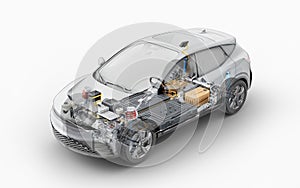 Electric car technical cutaway 3d rendering