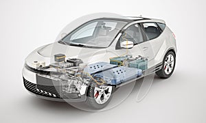 Electric car technical cutaway 3d rendering