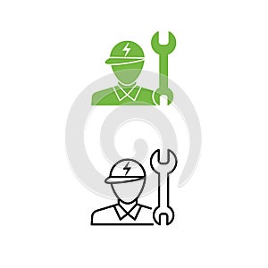 Electric car technician support icon. Technician man and wrench