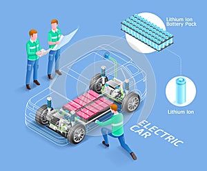 Electric car vehicle components and mechanic isometric illustration