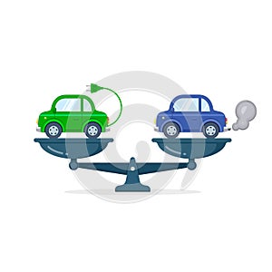 Electric car versus gasoline and diesel car on scales flat illustration. Comparison between electric environmentally friendly and