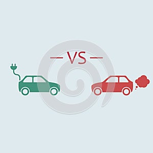 Electric car versus gasoline car. vector symbol in flat color simple style