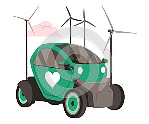 Electric Car and Wind Energy and Power Generator as Ecology and Planet Care Vector Illustration