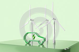 Electric car and windmills on green platform