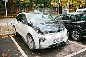 Berlin, October 2, 2017: Electric cars are being charged at a special place for charging electric vehicles. A modern and