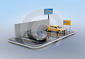 Electric cars with car sharing billboard on smartphone