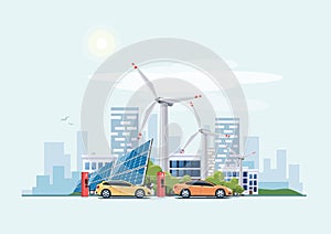 Electric cars charging eco city urban theme