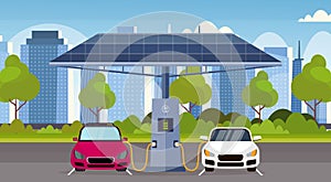 Electric cars charging on electrical charge station with solar panels renewable eco friendly transport environment care