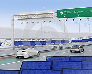 Electric cars driving on the wireless charging lane of the highway