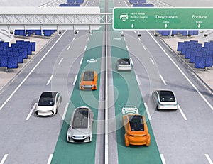 Electric cars driving on the wireless charging lane of the highway