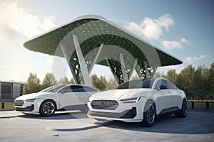 electric cars are parked at a charging station with green roofs