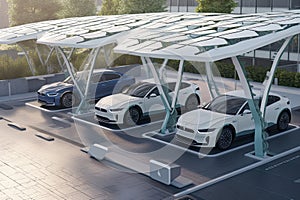 electric cars are parked at a charging station with green roofs