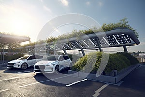 electric cars are parked at a charging station with green roofs