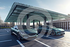 electric cars are parked at a charging station with green roofs