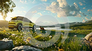 electric cars parked on lush green grass, with a camping setup and a happy family including a cat, highlighting eco