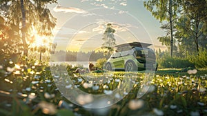 electric cars parked on lush green grass, with a camping setup and a happy family including a cat, highlighting eco