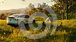 electric cars parked on lush green grass, with a camping setup and a happy family including a cat, highlighting eco