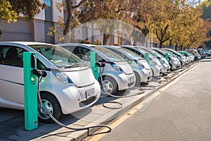 Electric cars are parked in the parking lot for recharging.