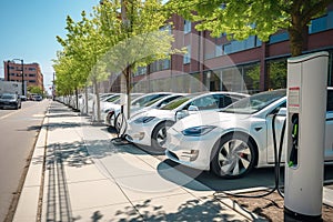 Electric cars are parked in the parking lot for recharging.