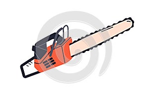 Electric chainsaw. Gasoline chain saw with sharp teeth blade. Engine building machine for cutting. Motor device, cutter