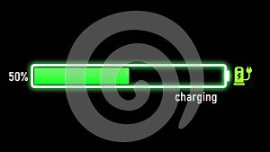 Electric Charging Progress bar, electric vehicle or phone battery indicator showing an increasing battery charge. The battery