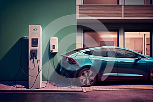 Electric charging station for electric vehicles, EV detail.. outdoor infrastructure, green energy, Illustration. Generative AI