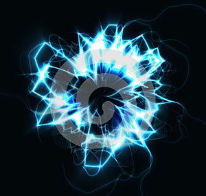 Electric circle blue round lightning energy explosion, shining fractal circle on black background, fireball flash magic