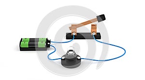 Electric circuit showing open switch using a light bulb and batteries white background.