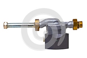 Electric circulation pump of a condensing gas heating system isolated on a white background. Used spare parts for condensing gas