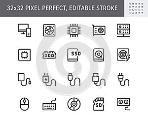 Electric component simple line icons. Vector illustration with minimal icon - chip, computer, cpu, gpu, ram, hard disk