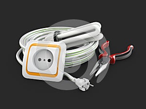 Electric components, Electrical cable, Socket and pliers. 3d illustration isolated black