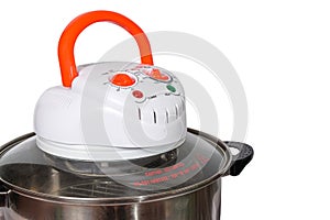 Electric convection oven with stainless pot container.