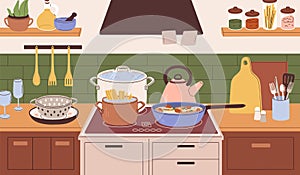 Electric cooker with pans, pots, kettle. Saucepan, stewpot, teakettle on stove with cooking dishes at home kitchen with photo