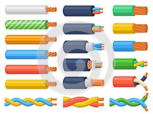 Electric copper core power supply wires cables. Electrical cable wires, flexible electricity equipment vector