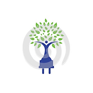 Electric cord and human tree with home vector logo design. Green energy electricity logo concept.