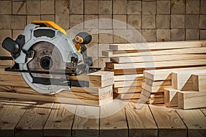 Electric corded circular hand saw on wooden background