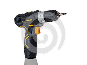 Electric cordless screwdriver drill isolated on white background, professional home repair tool, hand power tool, copy space, mock