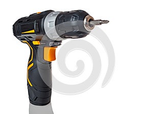 Electric cordless screwdriver drill isolated on white background, professional home repair tool, hand power tool, copy space, mock