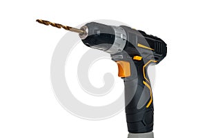 Electric cordless screwdriver drill isolated on white background, professional home repair tool, hand power tool, copy space, mock