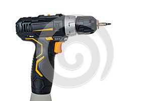 Electric cordless screwdriver drill isolated on white background, professional home repair tool, hand power tool, copy space, mock