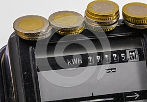 electric counter kwh to measure the electricity consumed and euro coins