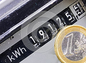 electric counter kwh to measure the electricity consumed and euro coins photo