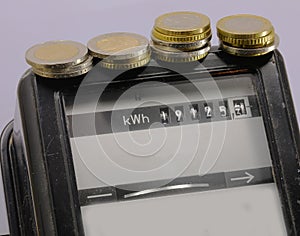 electric current meter with euro coins on it for energy costs photo