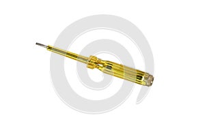 Electric currents test screw driver in flat head yellow colored on isolated white background