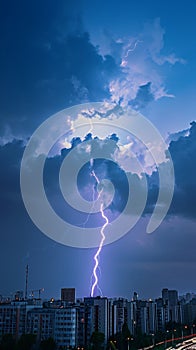 Electric drama Thunderstorm with lightning bolt strike over the city